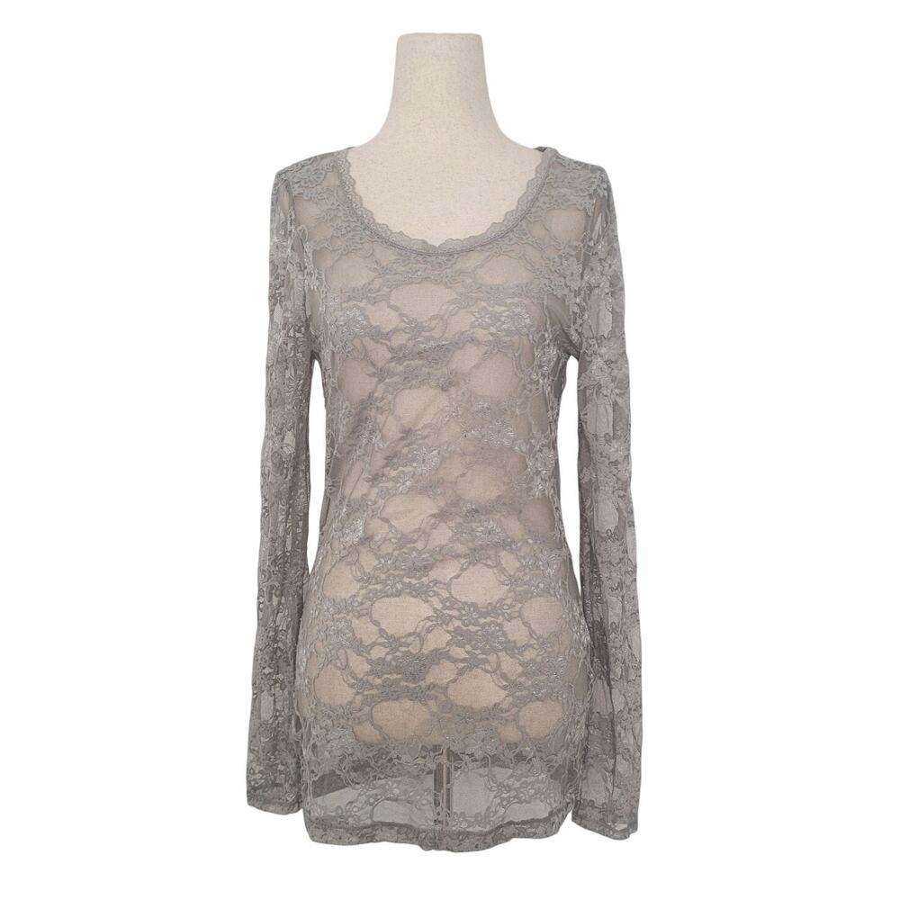 Y2k Floral Lace Sheer Long Sleeve Top Size M Gray Dainty Coquette Indie Sleaze